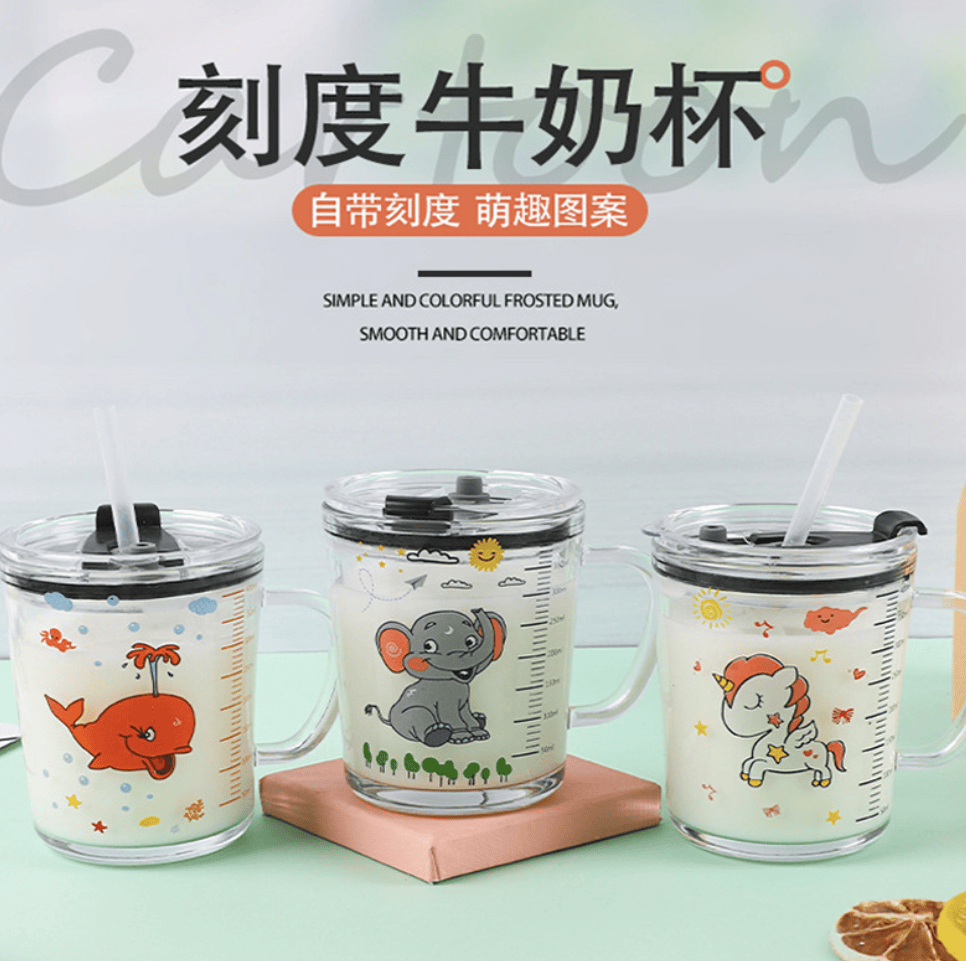 牛奶杯儿童卡通吸管玻璃水杯带刻度早餐杯可爱女学生印字杯子